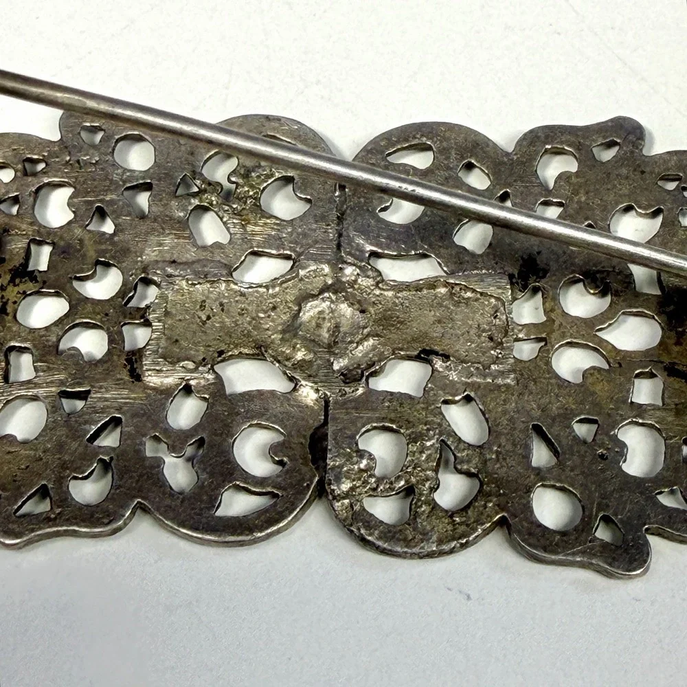 Antique Art Nouveau Filigree Brooch Silver Tone Ornate Open Scroll C Clasp 3
